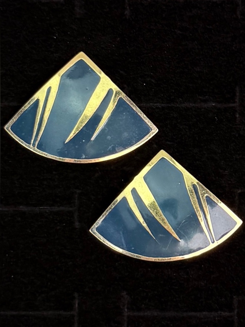 Vintage Geometric Blue and Goldtone Pierced Earrings